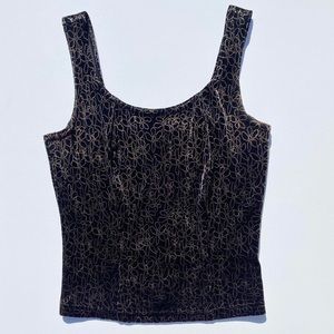 Vintage Black Velvet Top with Gold Print Womens Medium Y2K 90s Goth 2000s Summer
